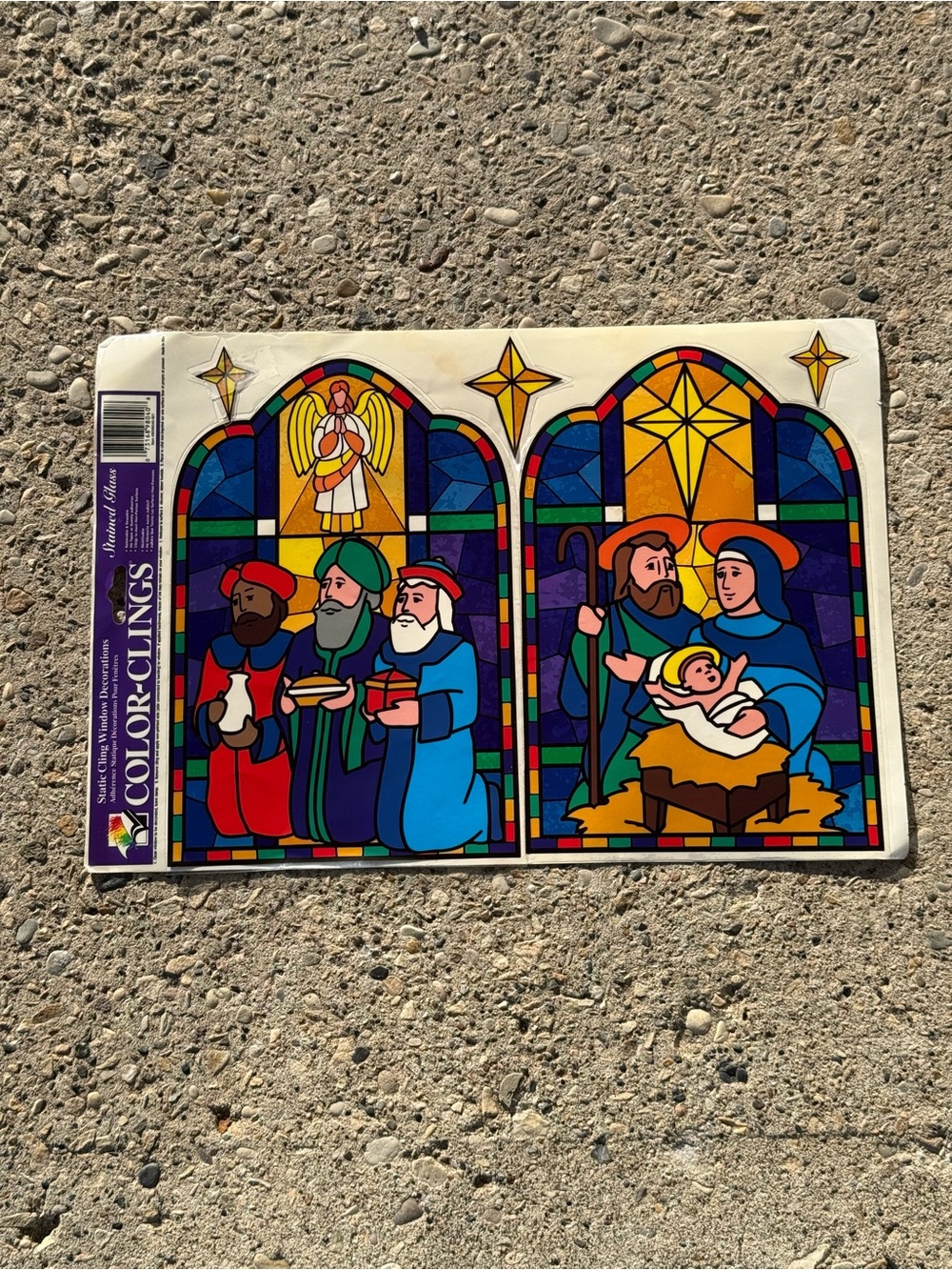 Faux Stained Glass Christmas Nativity Scene Vintage Window Cling Sheet 12x17"